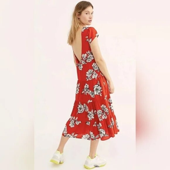 Free People Rita Tiered Midi Dress Red Floral Size Small - Picture 3 of 8